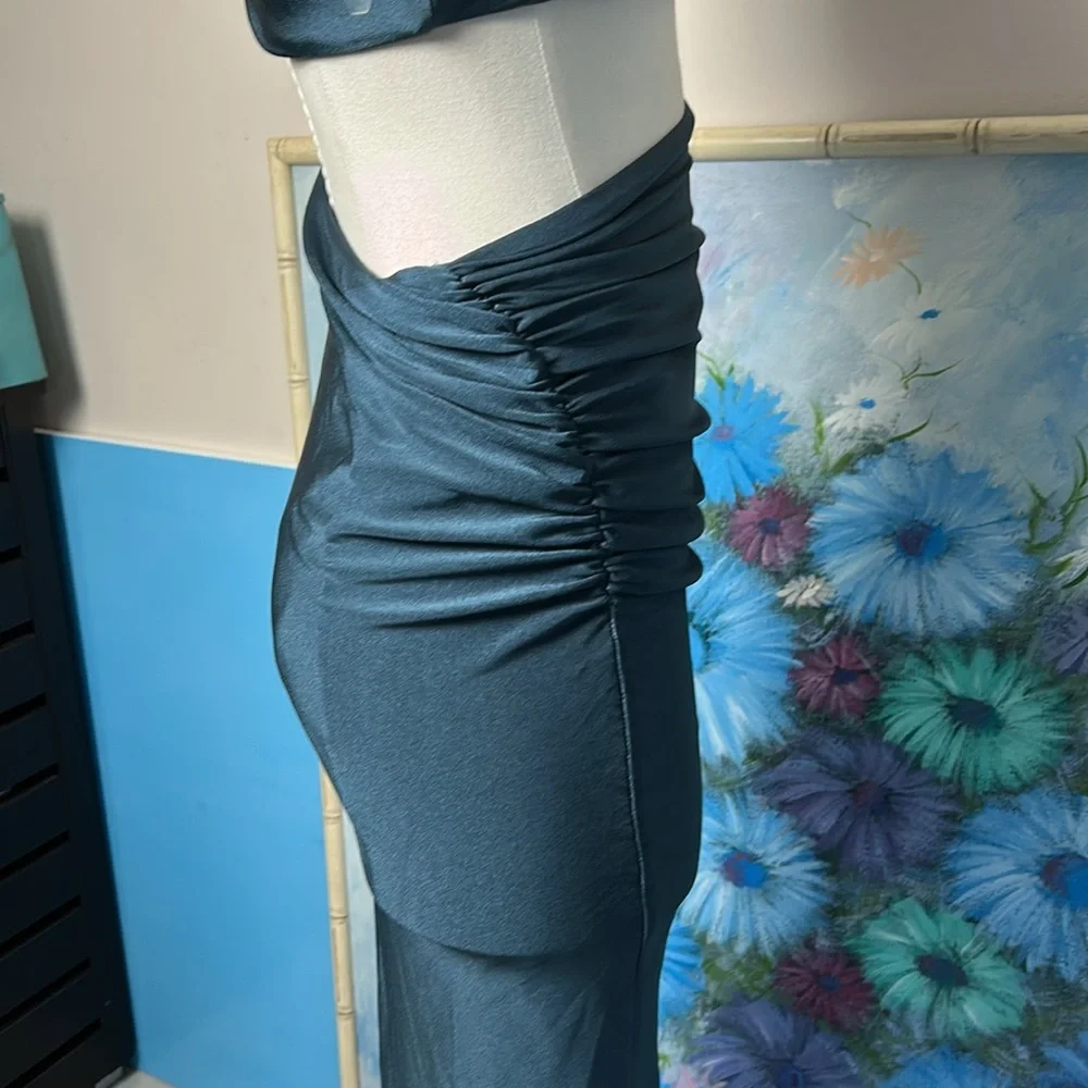 Eugenia Fernandez  One-Shoulder Teal Dress Ruched Side Maxi Open side small - Picture 8 of 17